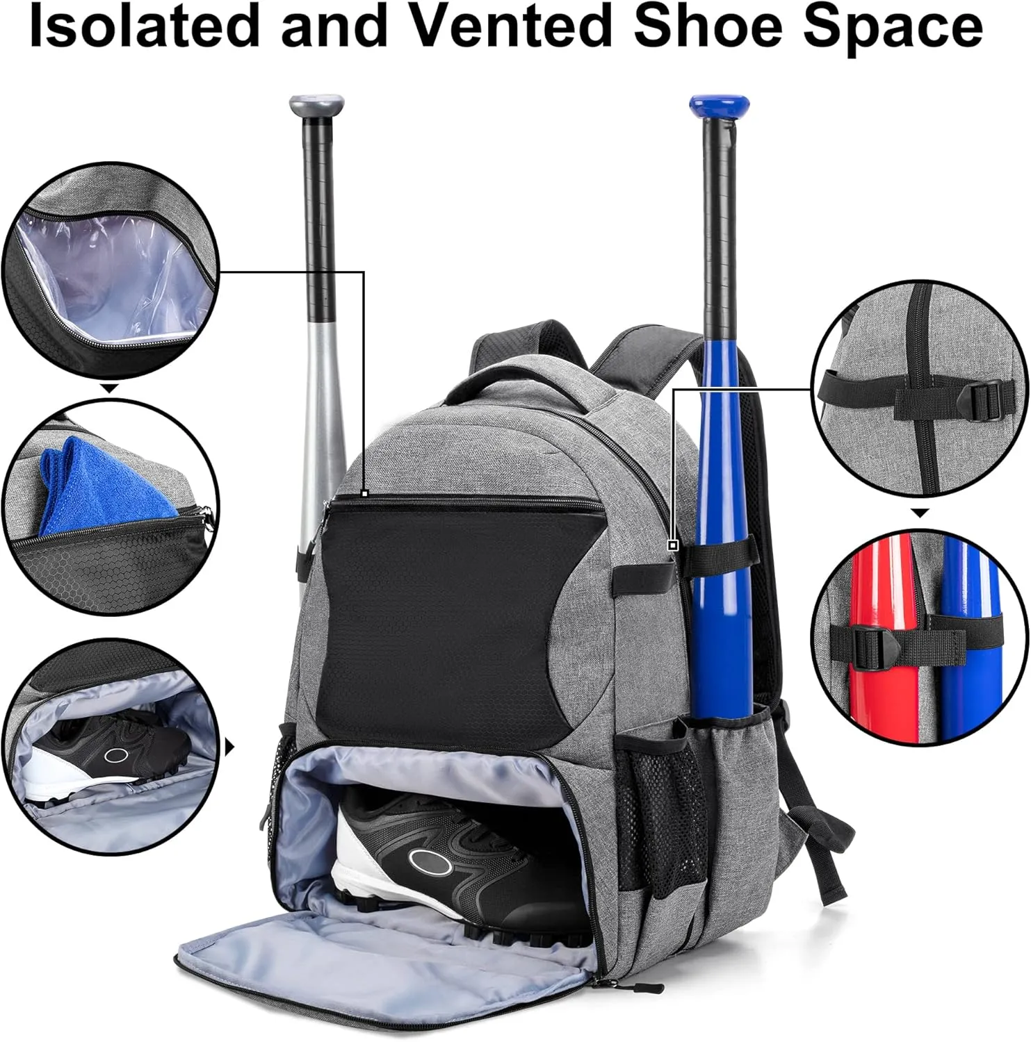 DSLEAF Baseball Backpack with Separate Shoe Space, Softball Bat Bag Holds Up to 4 Bats, Hence Hook and Multi Pockets for Essentials