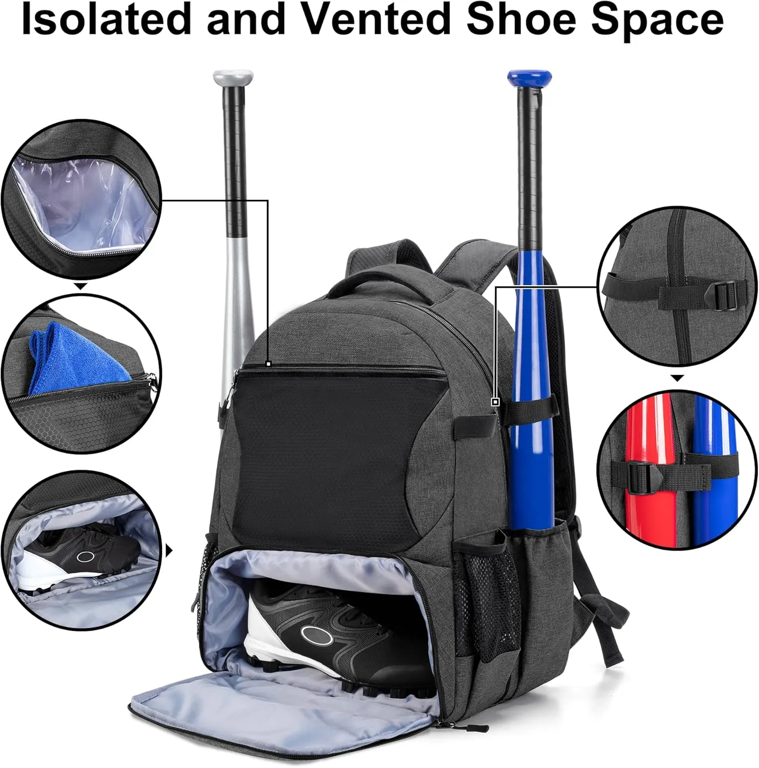 DSLEAF Baseball Backpack with Separate Shoe Space, Softball Bat Bag Holds Up to 4 Bats, Hence Hook and Multi Pockets for Essentials