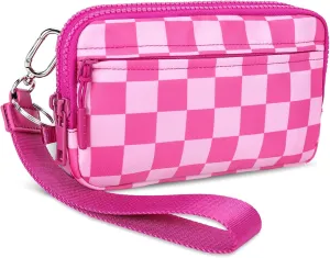 Dual Wristlet Wallets for Women,Checkered Crossbody Purse with 4 Zippers Large Nylon Wristlet Purse with ID Window