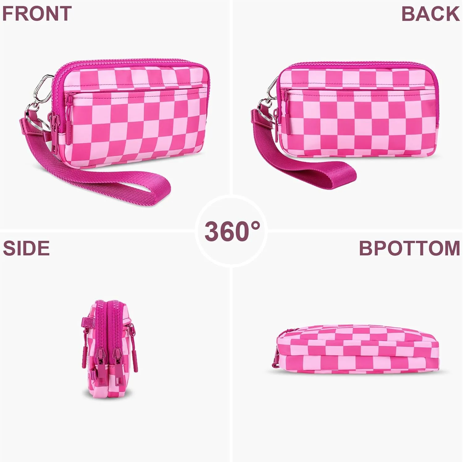 Dual Wristlet Wallets for Women,Checkered Crossbody Purse with 4 Zippers Large Nylon Wristlet Purse with ID Window