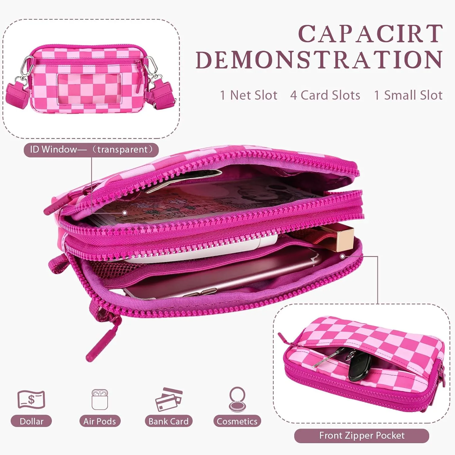 Dual Wristlet Wallets for Women,Checkered Crossbody Purse with 4 Zippers Large Nylon Wristlet Purse with ID Window