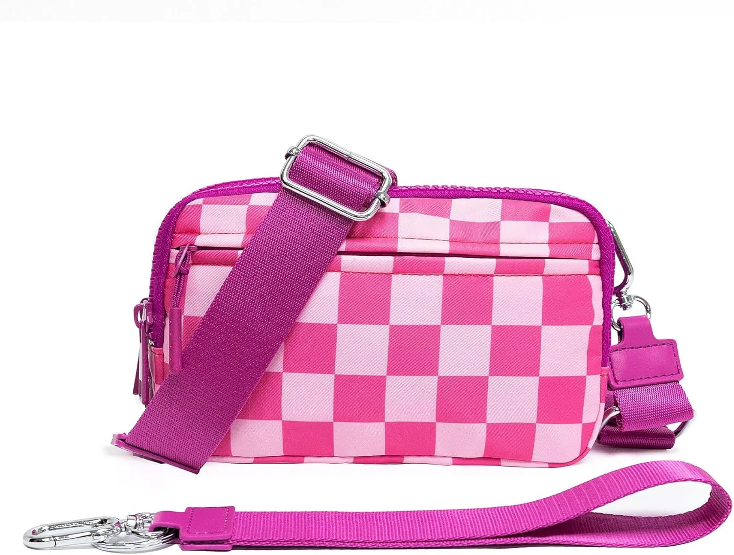 Dual Wristlet Wallets for Women,Checkered Crossbody Purse with 4 Zippers Large Nylon Wristlet Purse with ID Window