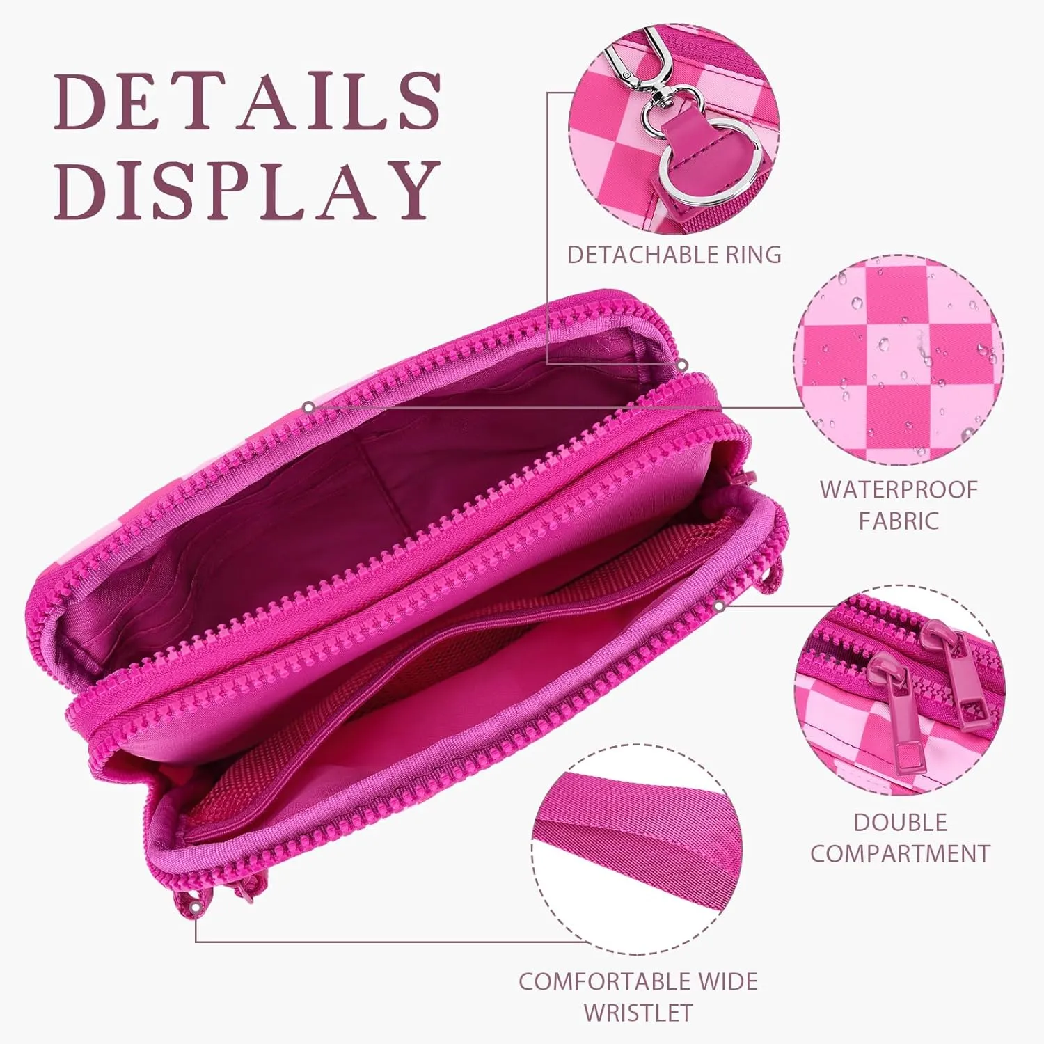 Dual Wristlet Wallets for Women,Checkered Crossbody Purse with 4 Zippers Large Nylon Wristlet Purse with ID Window