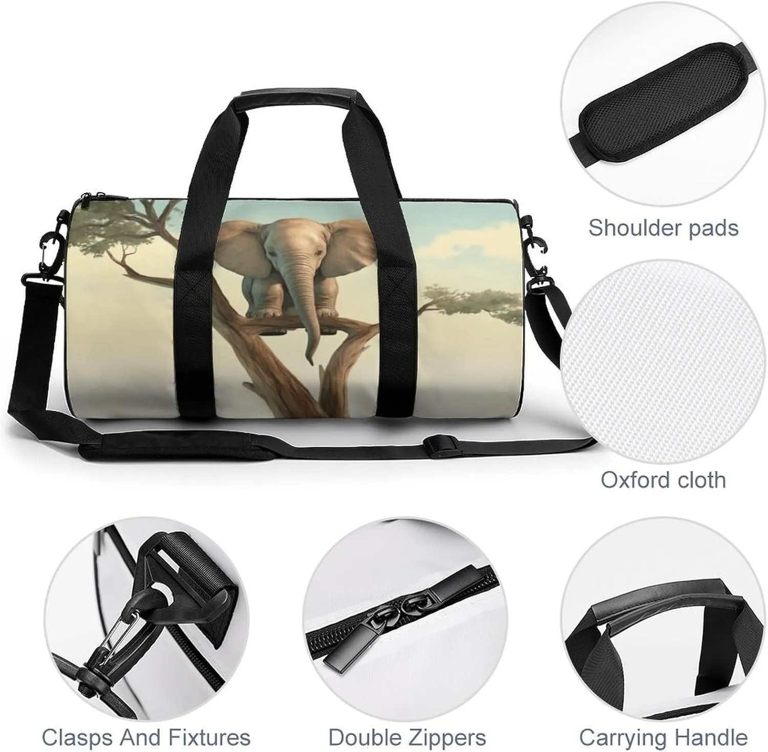 Duffel Bag for Men Women Gym Bag Little Elephant on Tree Travel Duffel Bag Waterproof Overnight Bag for Sports Workout