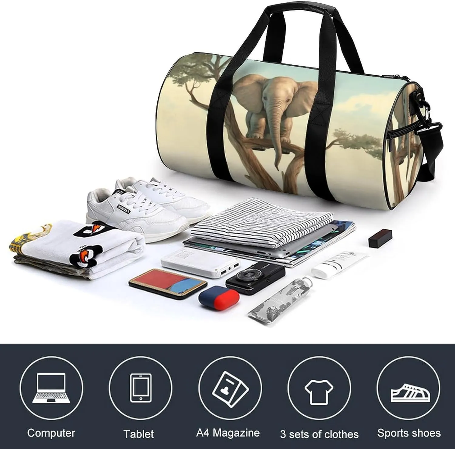Duffel Bag for Men Women Gym Bag Little Elephant on Tree Travel Duffel Bag Waterproof Overnight Bag for Sports Workout