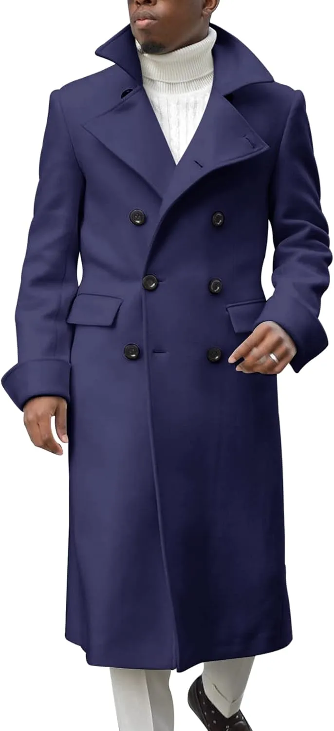 Ebifin Men's Notch Lapel Double Breasted Long Trench Coat Casual Cotton Blend Peacoat