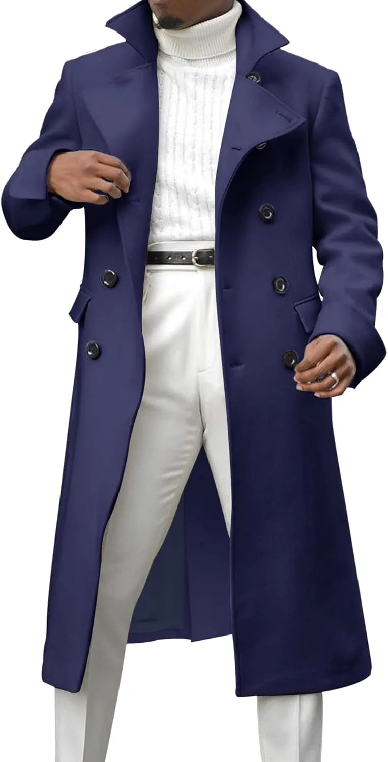 Ebifin Men's Notch Lapel Double Breasted Long Trench Coat Casual Cotton Blend Peacoat