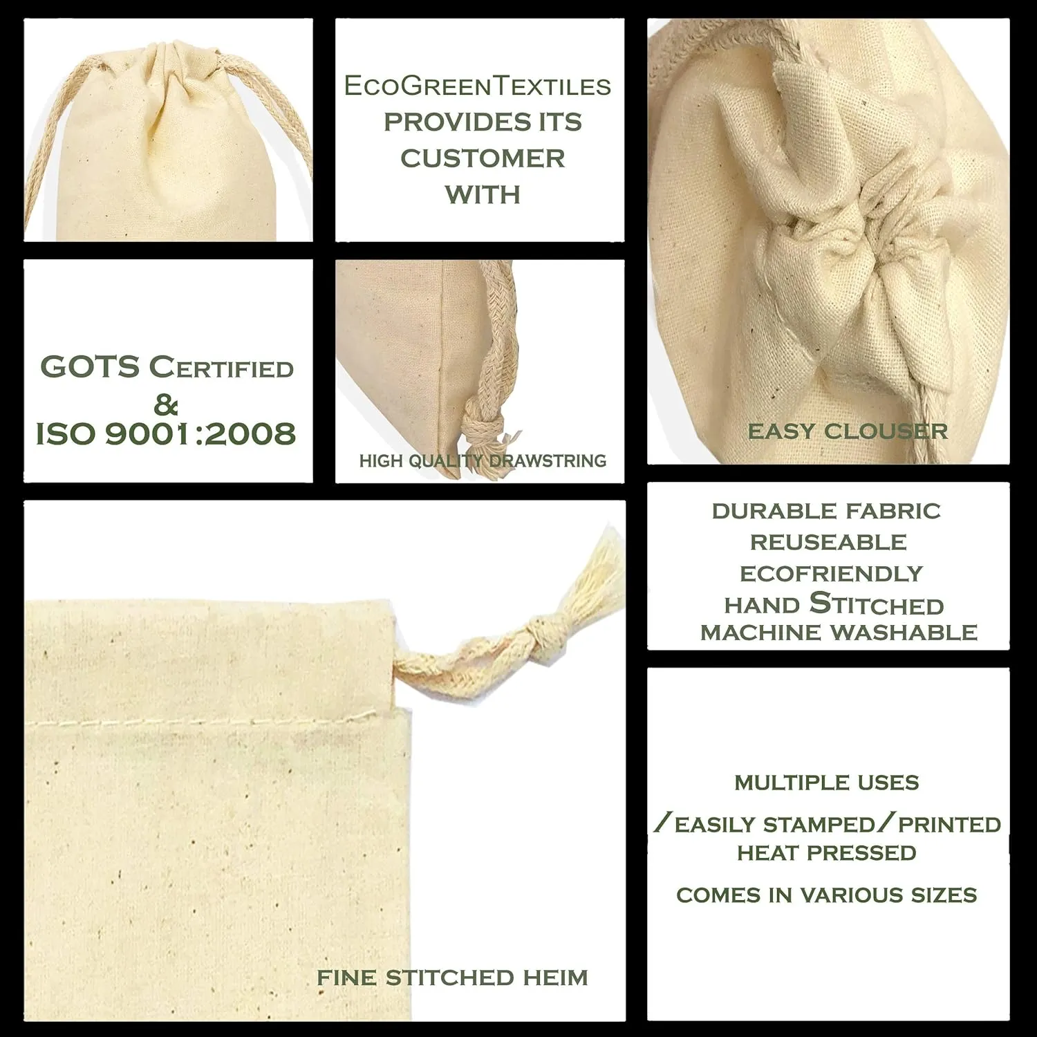 Eco Green Textiles 100% Cotton Reusable Produce Muslin Bags