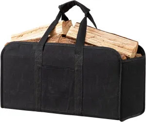 eletecpro Large Firewood Carrier Bag, Durable Waxed Canvas Log Carrier with Handles, Wood Carrying Bag for Fireplace & Wood Stove (Black)