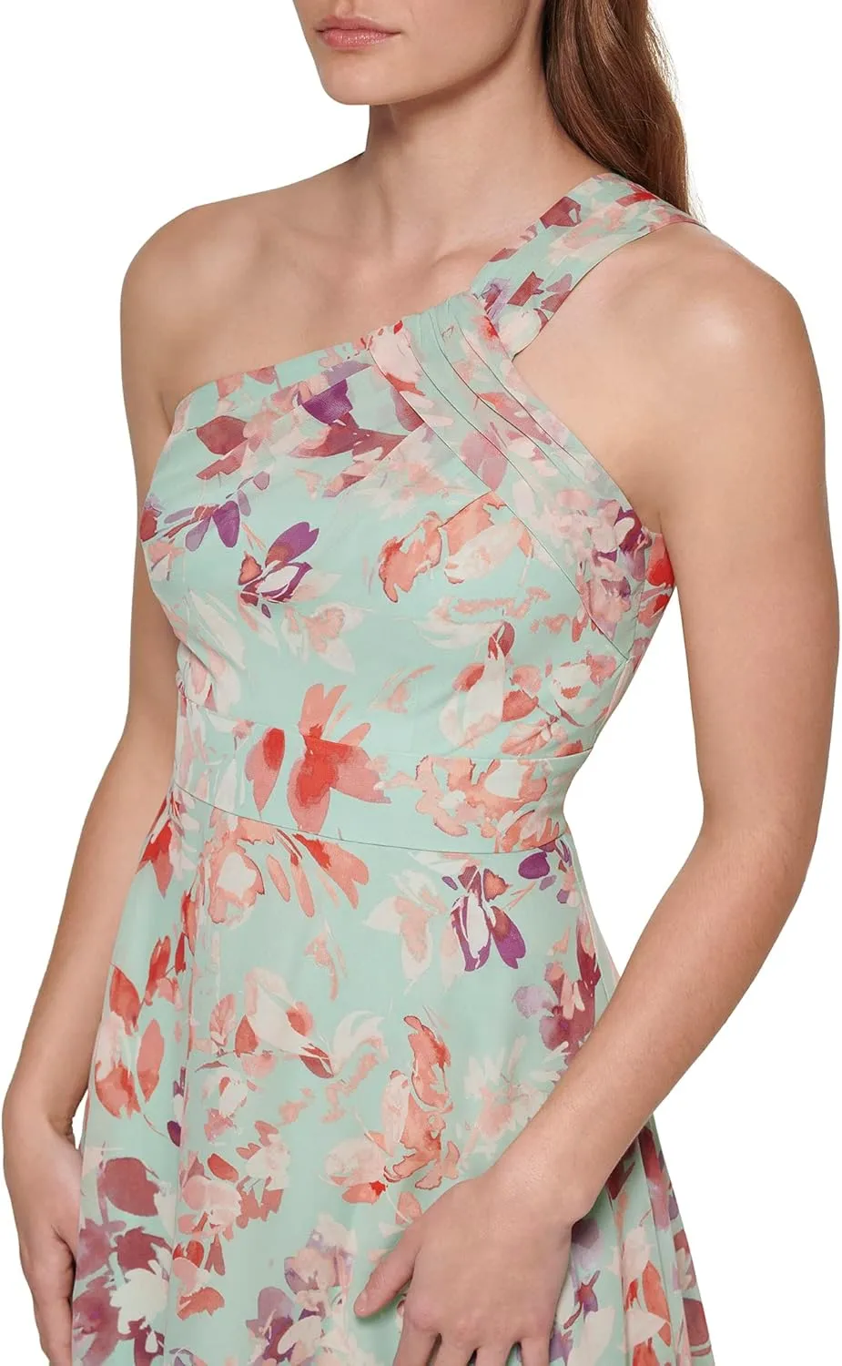 Eliza J Women's Gown Style Printed Chiffon Sleeveless Asymetrical One Shoulder Dress