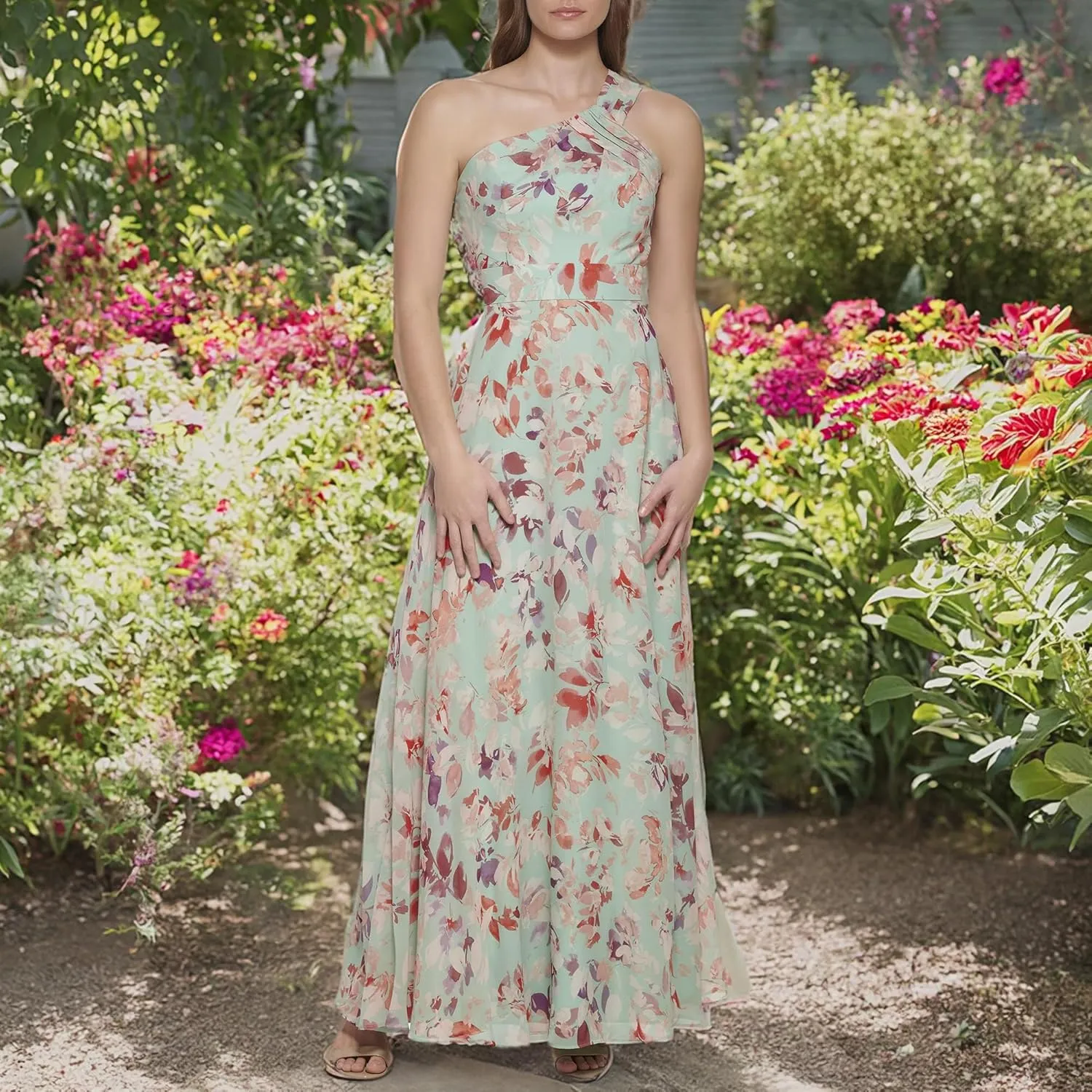 Eliza J Women's Gown Style Printed Chiffon Sleeveless Asymetrical One Shoulder Dress
