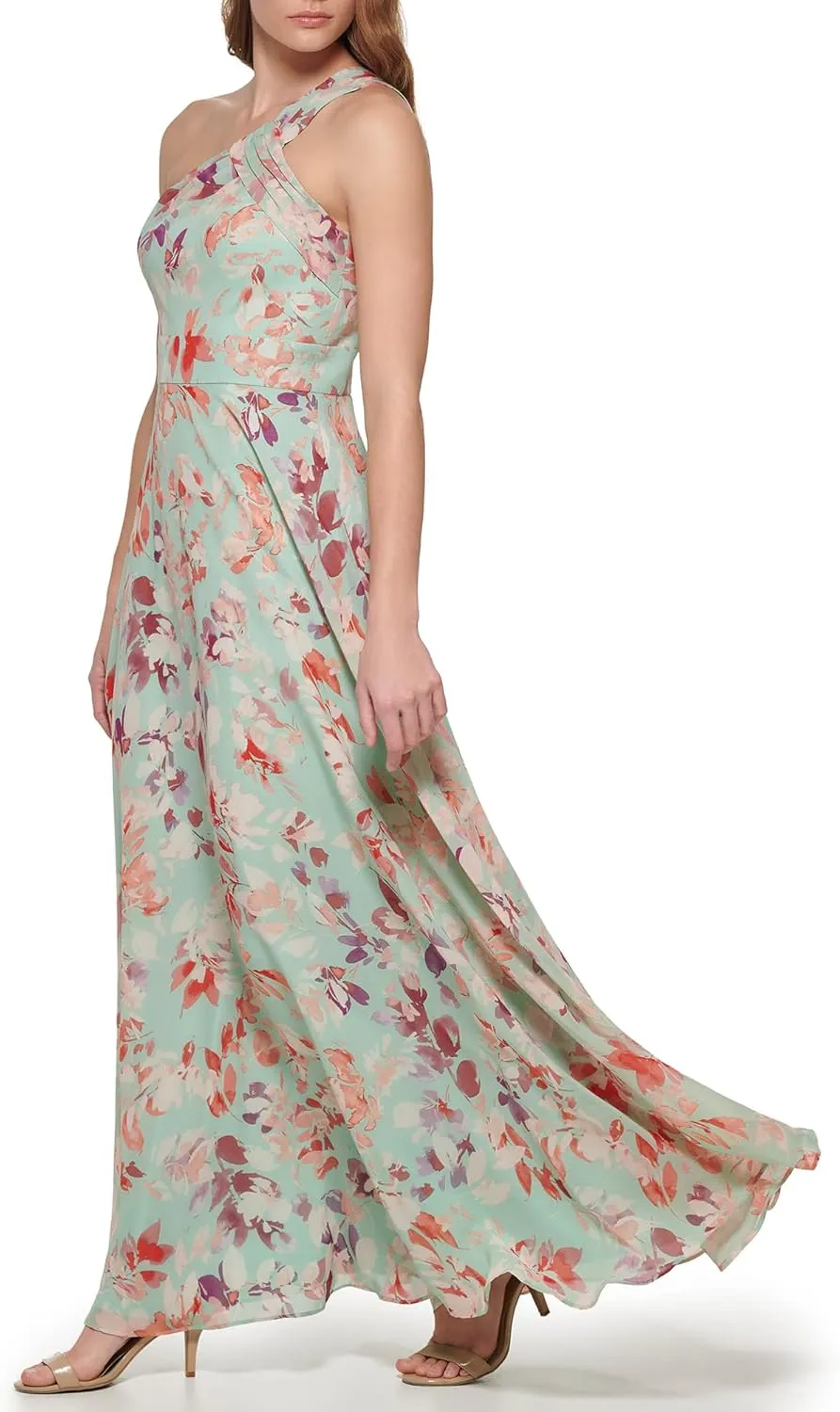 Eliza J Women's Gown Style Printed Chiffon Sleeveless Asymetrical One Shoulder Dress