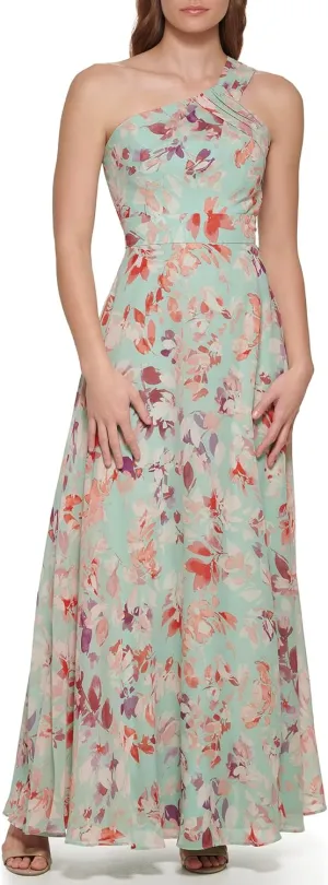 Eliza J Women's Gown Style Printed Chiffon Sleeveless Asymetrical One Shoulder Dress