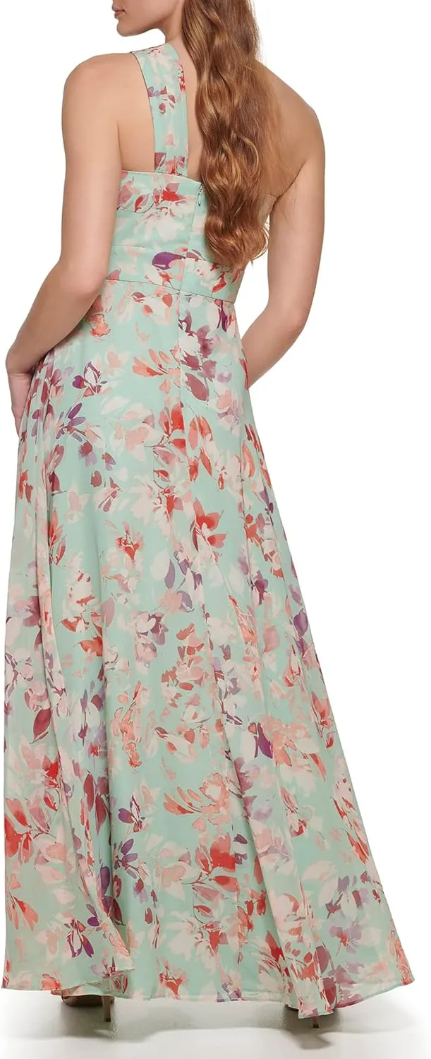 Eliza J Women's Gown Style Printed Chiffon Sleeveless Asymetrical One Shoulder Dress
