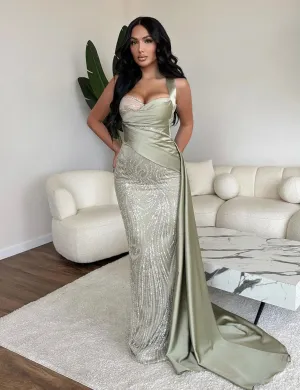 EMBELLISHED CORSET GOWN WITH SATIN DRAPING