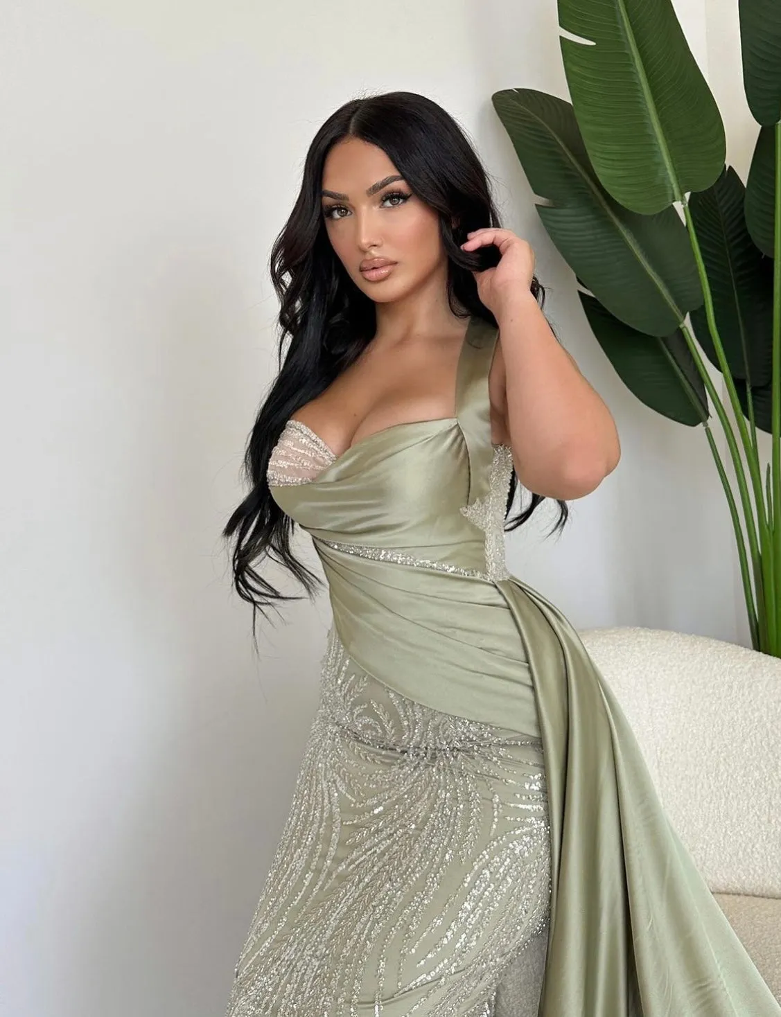 EMBELLISHED CORSET GOWN WITH SATIN DRAPING
