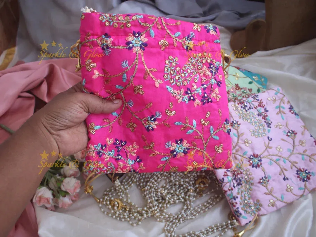 Embroidered 8.5" Square Potli Bags for Wedding Gifts