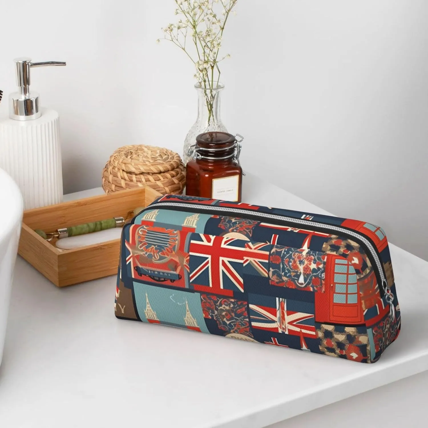 England Symbols Makeup Bag Travel Toiletry Bag Big Pencil Bag for Women Men Leather Zipper Coin Pouch Purse