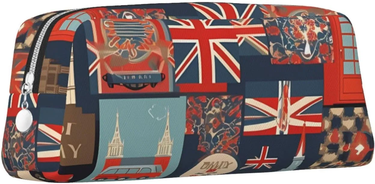 England Symbols Makeup Bag Travel Toiletry Bag Big Pencil Bag for Women Men Leather Zipper Coin Pouch Purse