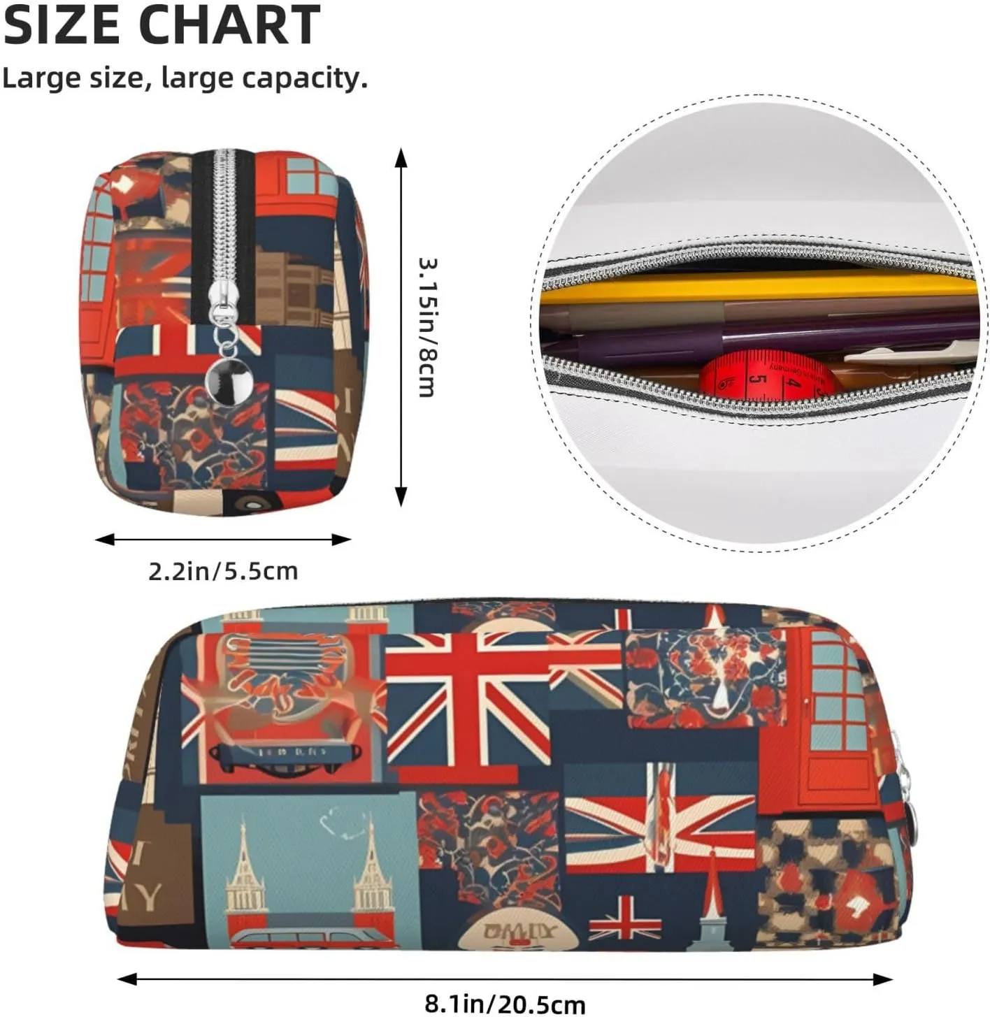 England Symbols Makeup Bag Travel Toiletry Bag Big Pencil Bag for Women Men Leather Zipper Coin Pouch Purse