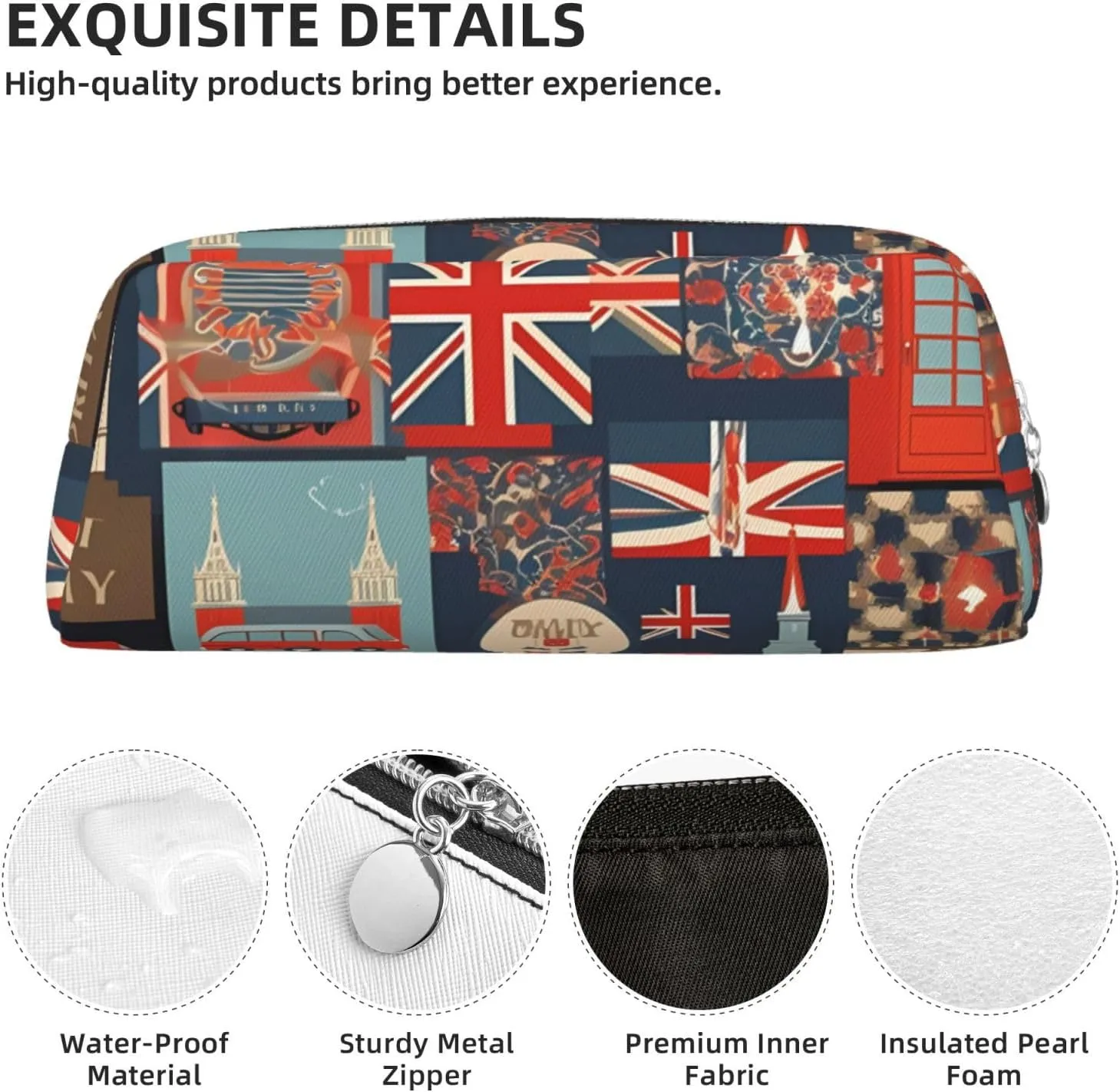 England Symbols Makeup Bag Travel Toiletry Bag Big Pencil Bag for Women Men Leather Zipper Coin Pouch Purse