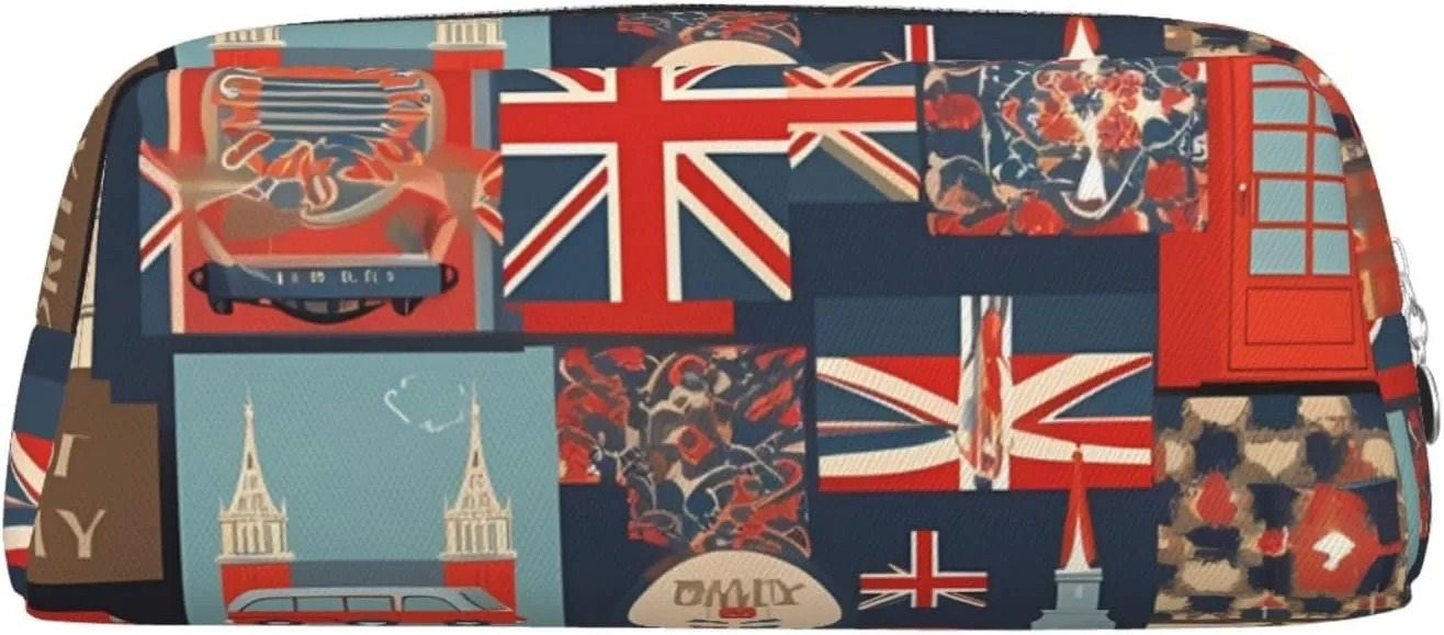 England Symbols Makeup Bag Travel Toiletry Bag Big Pencil Bag for Women Men Leather Zipper Coin Pouch Purse