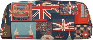 England Symbols Makeup Bag Travel Toiletry Bag Big Pencil Bag for Women Men Leather Zipper Coin Pouch Purse