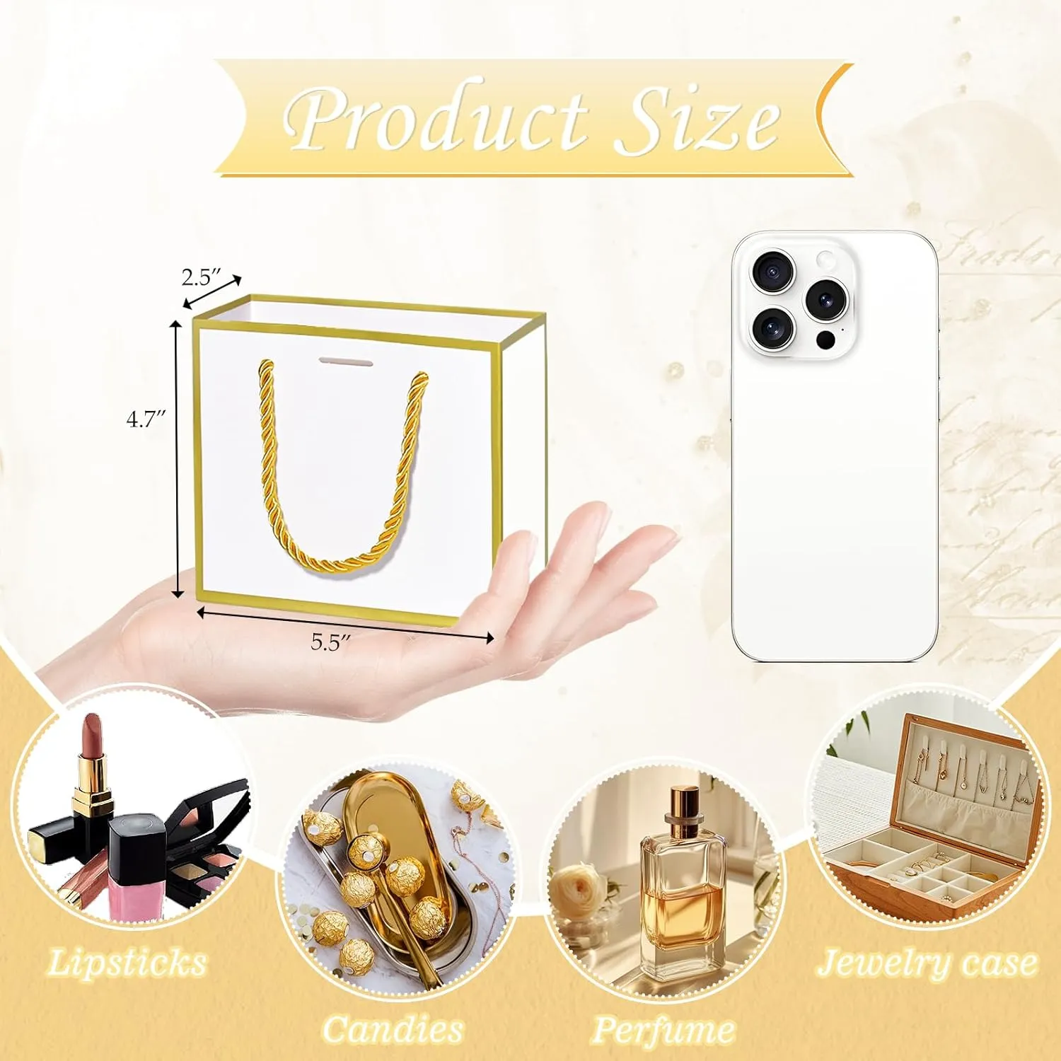 EQOREIIN 24 PCS Small Gift Bags with Handles,White Mini Bag,5.5x 2.5x4.7 Inches Small Thank You Gift Bags Bulk with Ribbon for Party Favors,Mother's Day, Goodie, Weddings,Baby Shower(White Gold)