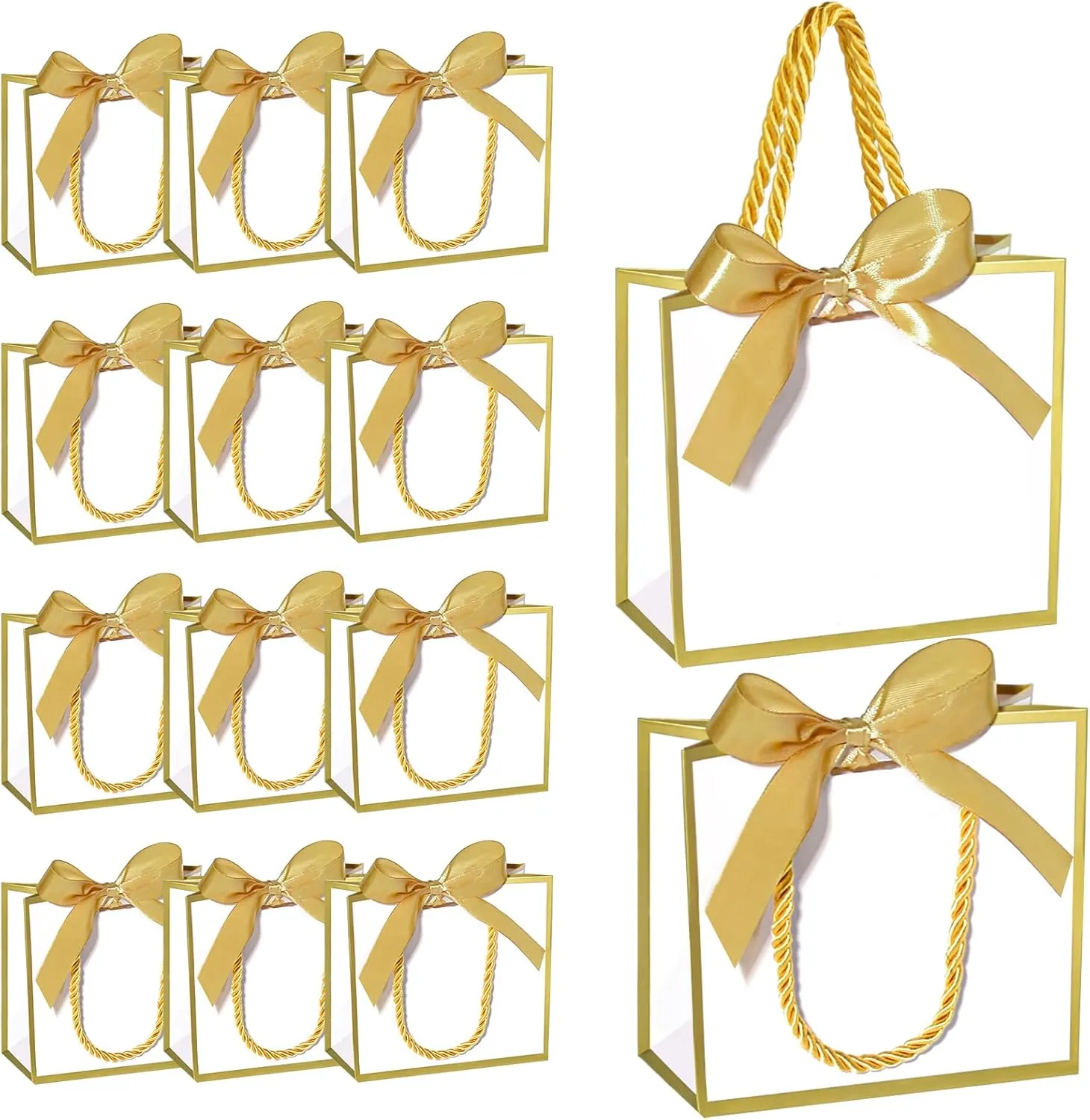 EQOREIIN 24 PCS Small Gift Bags with Handles,White Mini Bag,5.5x 2.5x4.7 Inches Small Thank You Gift Bags Bulk with Ribbon for Party Favors,Mother's Day, Goodie, Weddings,Baby Shower(White Gold)