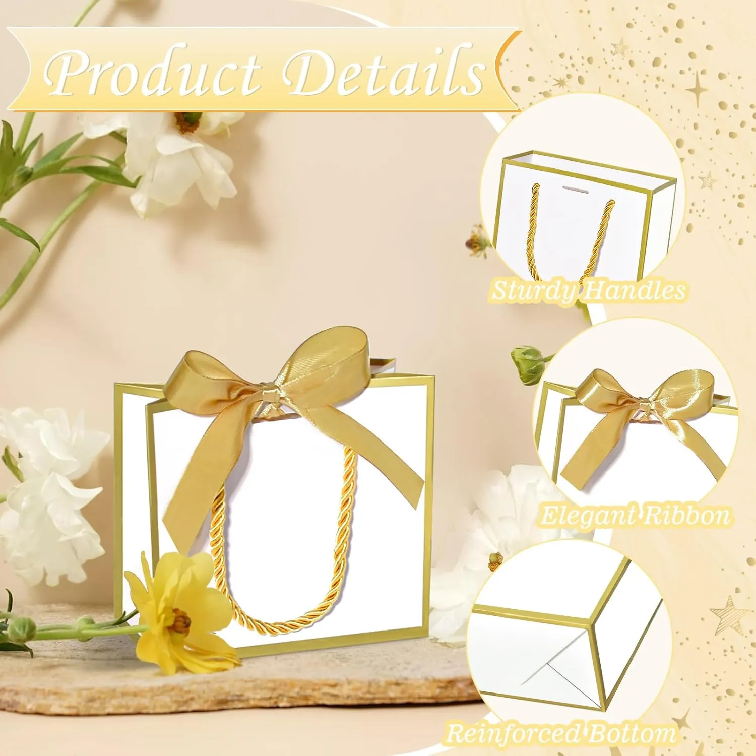 EQOREIIN 24 PCS Small Gift Bags with Handles,White Mini Bag,5.5x 2.5x4.7 Inches Small Thank You Gift Bags Bulk with Ribbon for Party Favors,Mother's Day, Goodie, Weddings,Baby Shower(White Gold)