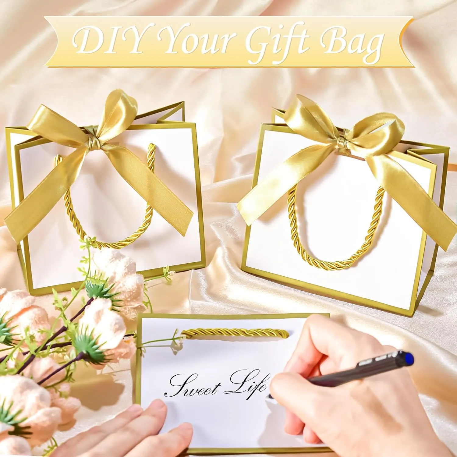 EQOREIIN 24 PCS Small Gift Bags with Handles,White Mini Bag,5.5x 2.5x4.7 Inches Small Thank You Gift Bags Bulk with Ribbon for Party Favors,Mother's Day, Goodie, Weddings,Baby Shower(White Gold)