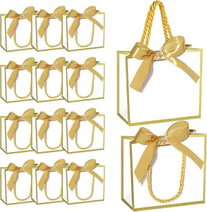 EQOREIIN 24 PCS Small Gift Bags with Handles,White Mini Bag,5.5x 2.5x4.7 Inches Small Thank You Gift Bags Bulk with Ribbon for Party Favors,Mother's Day, Goodie, Weddings,Baby Shower(White Gold)