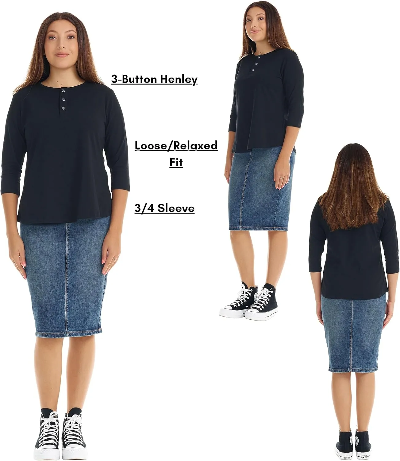 ESTEEZ 3/4 Sleeve Cotton Spandex Casual Henley Tops for Women