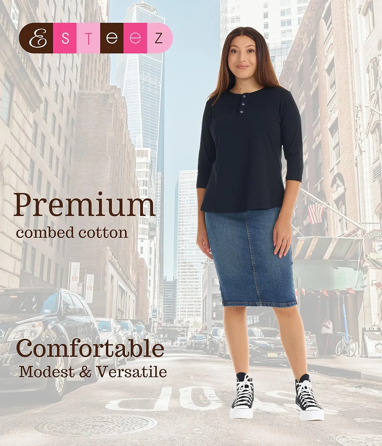 ESTEEZ 3/4 Sleeve Cotton Spandex Casual Henley Tops for Women
