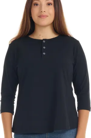 ESTEEZ 3/4 Sleeve Cotton Spandex Casual Henley Tops for Women