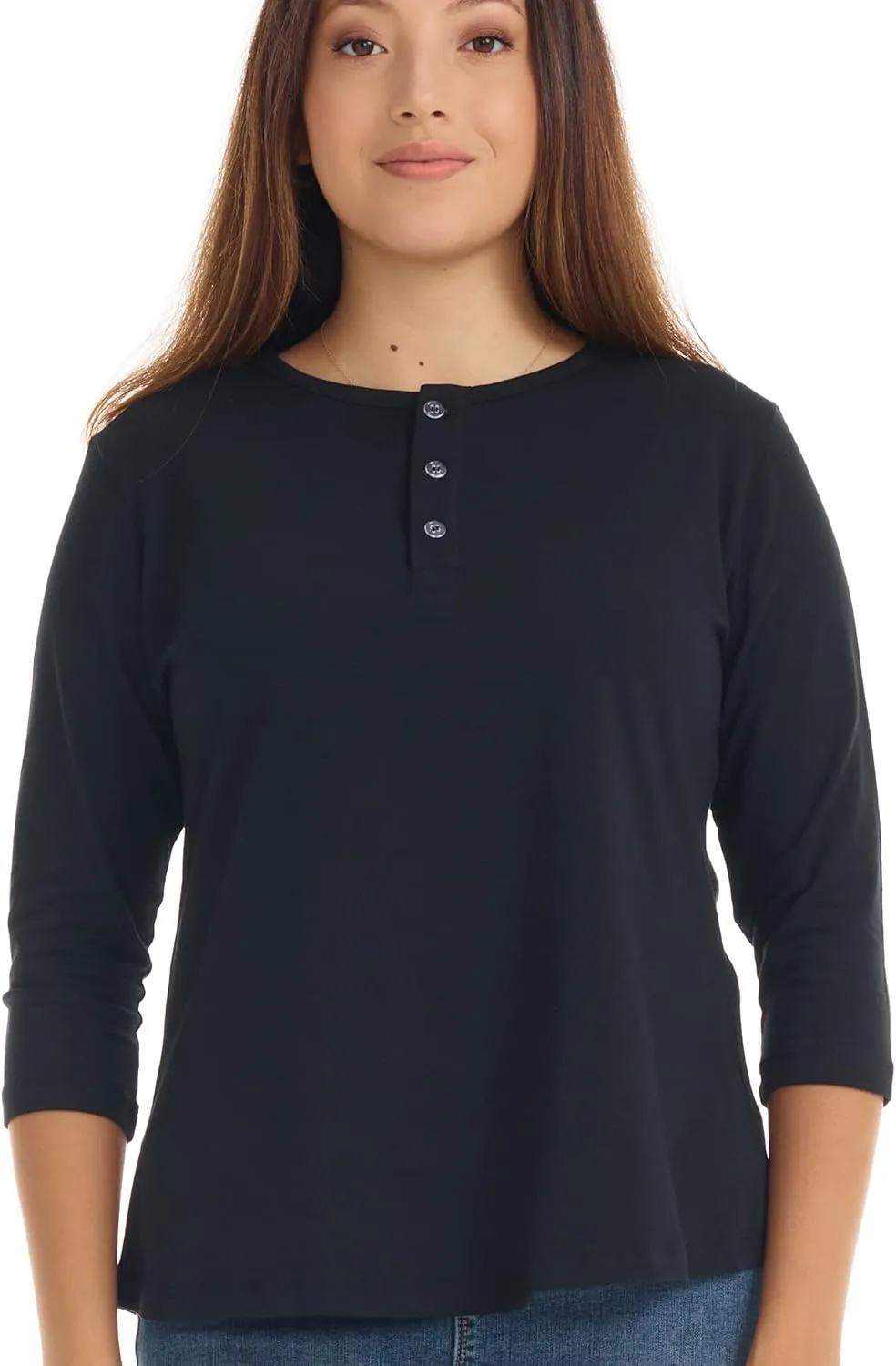 ESTEEZ 3/4 Sleeve Cotton Spandex Casual Henley Tops for Women