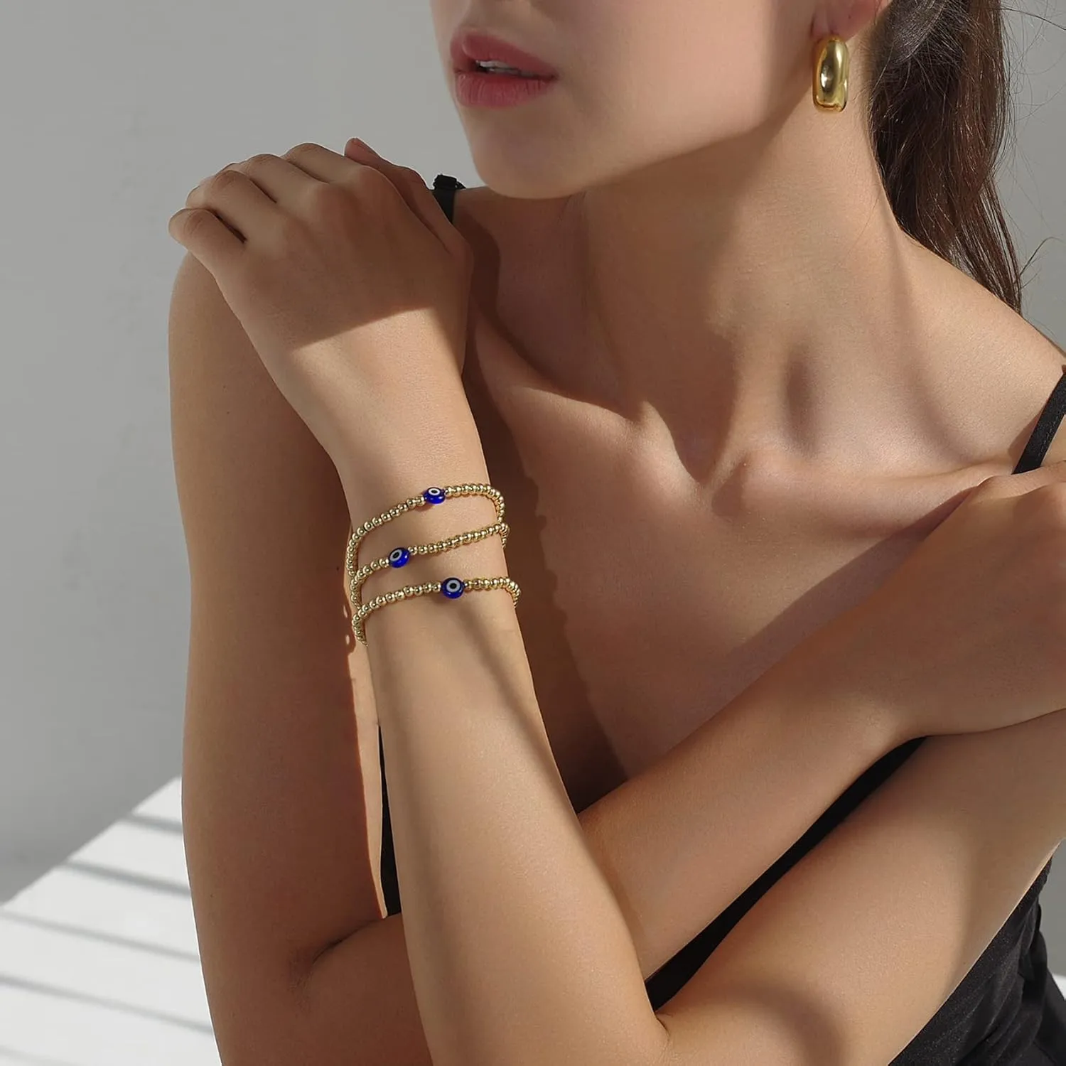 Evil Eye Luck Bracelet Gold Beaded Bracelet For Women Bracelets Set Blue Eye Bead Hand Stretch Bracelet Gifts For Bestfriends, Couple, Family Members, Siblings, Sister, Lover