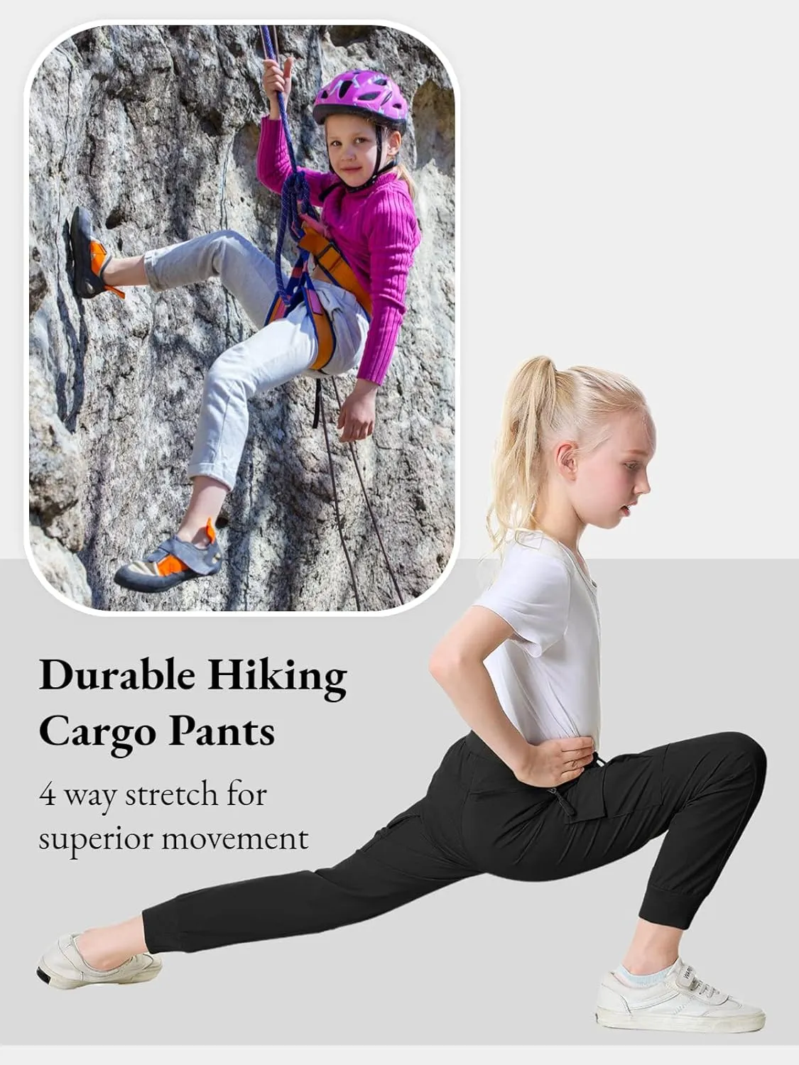 EXARUS Girls Cargo Pants Joggers Slim Fit with Zip Pockets Kids Quick Dry Lightweight Drawstring High Waisted 8-14Y
