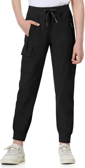 EXARUS Girls Cargo Pants Joggers Slim Fit with Zip Pockets Kids Quick Dry Lightweight Drawstring High Waisted 8-14Y