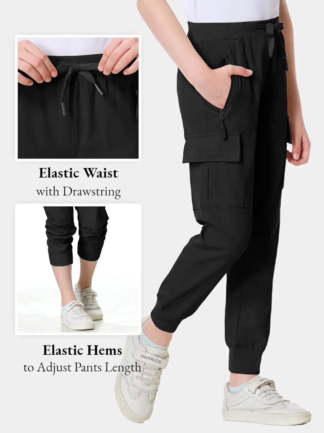 EXARUS Girls Cargo Pants Joggers Slim Fit with Zip Pockets Kids Quick Dry Lightweight Drawstring High Waisted 8-14Y