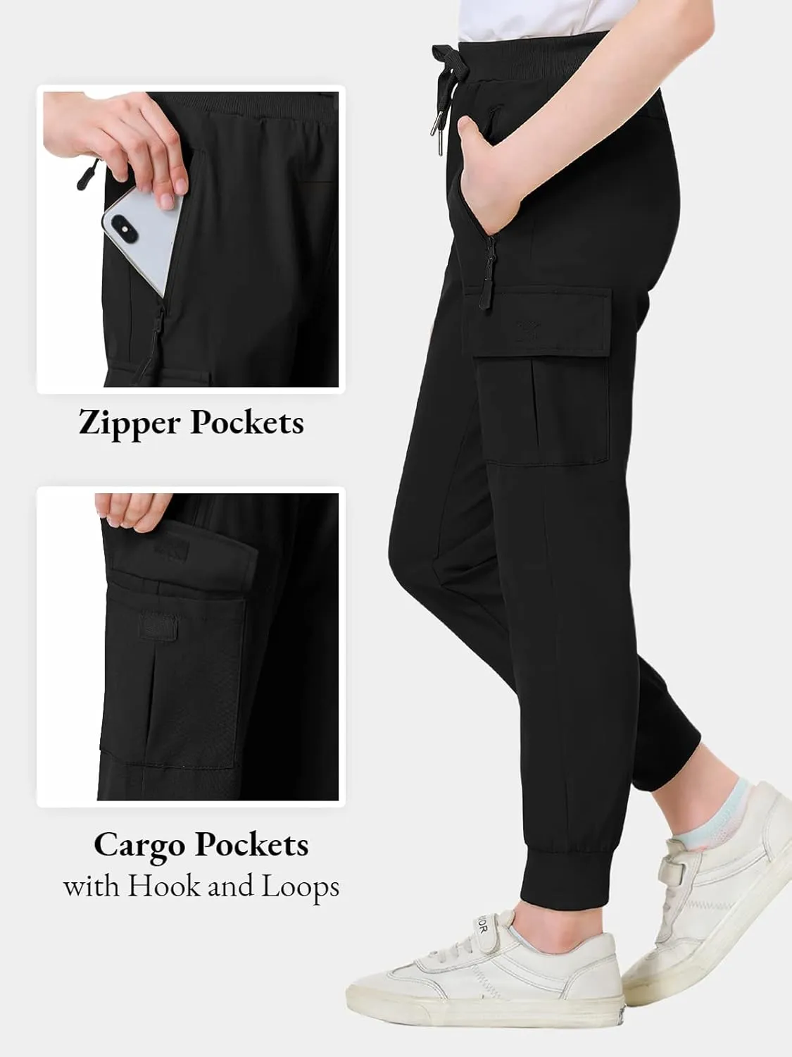 EXARUS Girls Cargo Pants Joggers Slim Fit with Zip Pockets Kids Quick Dry Lightweight Drawstring High Waisted 8-14Y