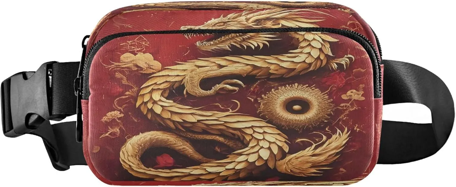 Exnundod Fanny Packs for Women & Men Chinese Gold Dragon, Waist Pack Mythological Animal Crossbody Bags Belt Adjustable Strap for Running Hiking Workout