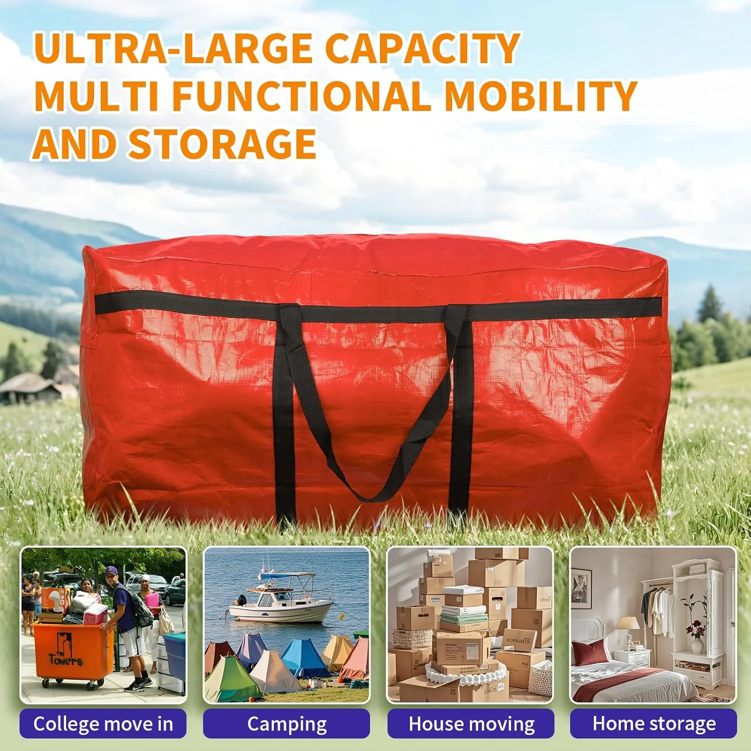 Extra Large Moving Bags with Zippers Heavy Duty Storage Duffle Bag for College Dorms Big Foldable Duffle Bag for Travel Clothes Blankets Bedding Moving (Orange 1 pack)