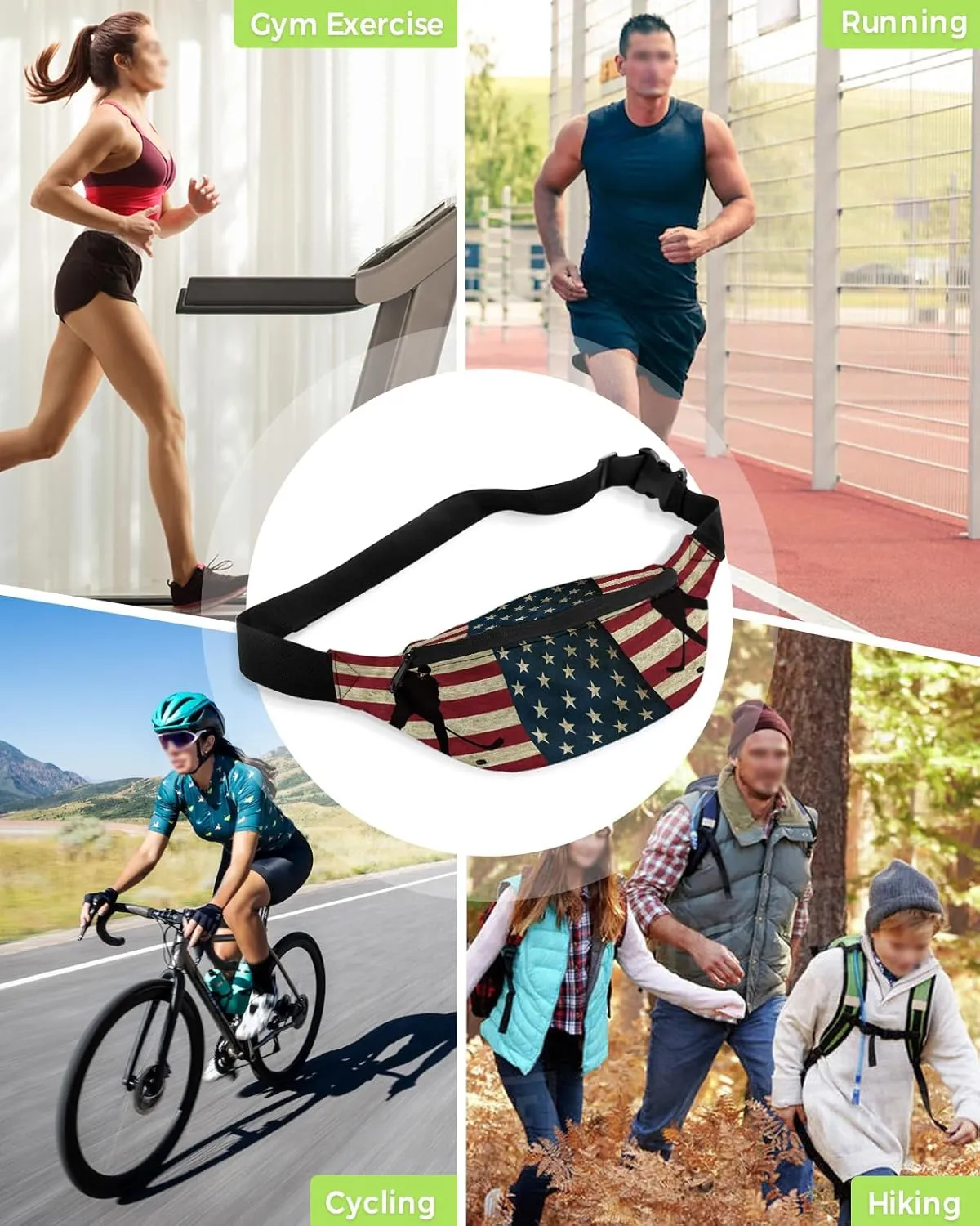 Fanny Pack,Hockey Sport Theme Athlete Rustic American Flag Adjustable Belt Strap Running Pack for Sports Exercise Walking Hiking Travel 14"x5"