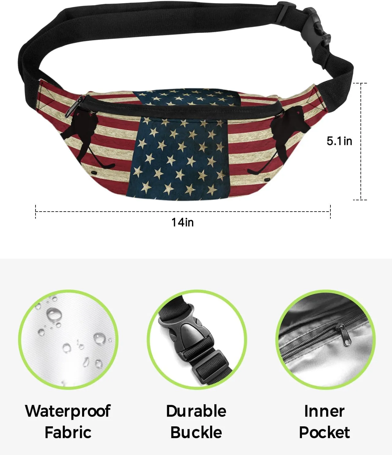 Fanny Pack,Hockey Sport Theme Athlete Rustic American Flag Adjustable Belt Strap Running Pack for Sports Exercise Walking Hiking Travel 14"x5"