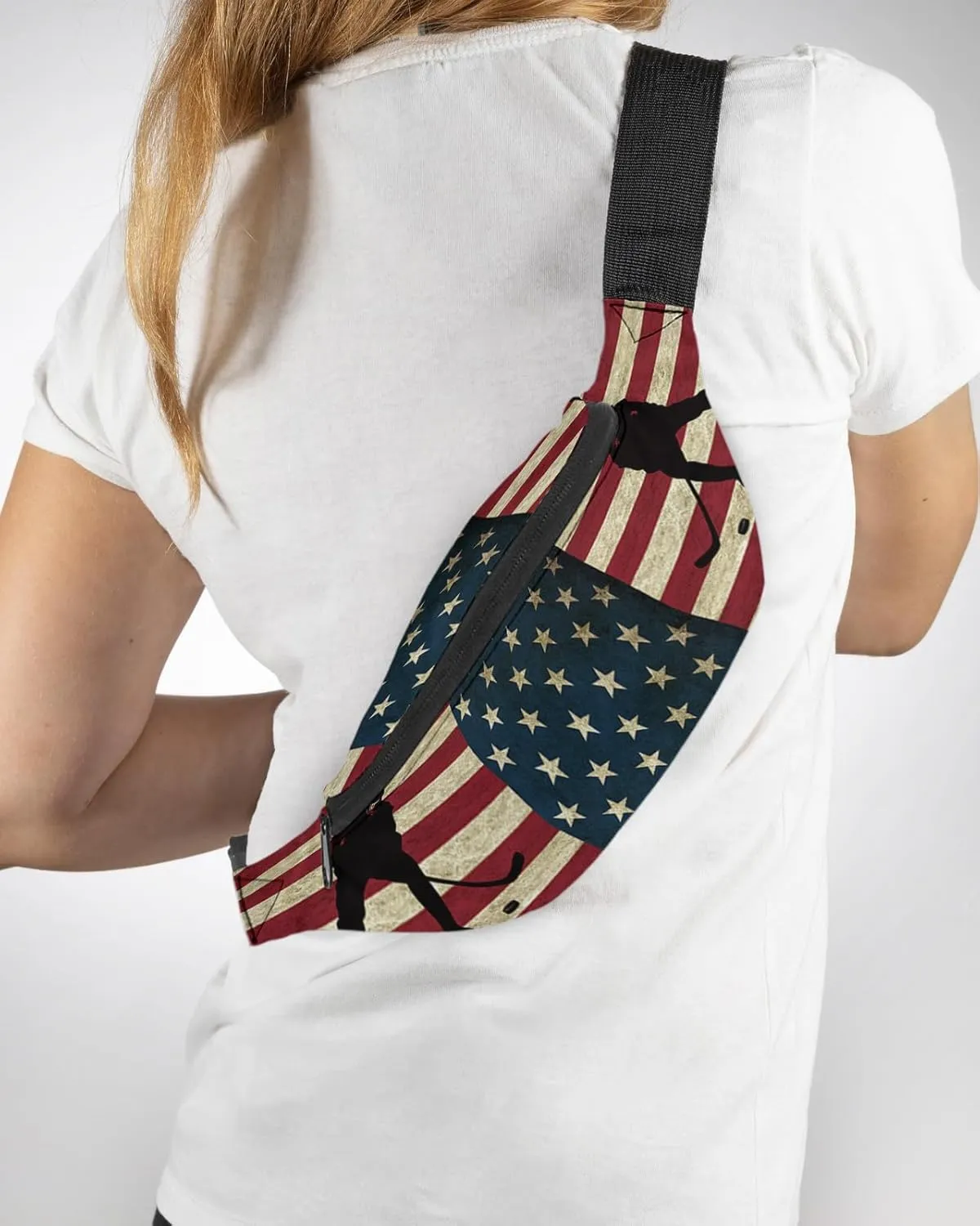 Fanny Pack,Hockey Sport Theme Athlete Rustic American Flag Adjustable Belt Strap Running Pack for Sports Exercise Walking Hiking Travel 14"x5"