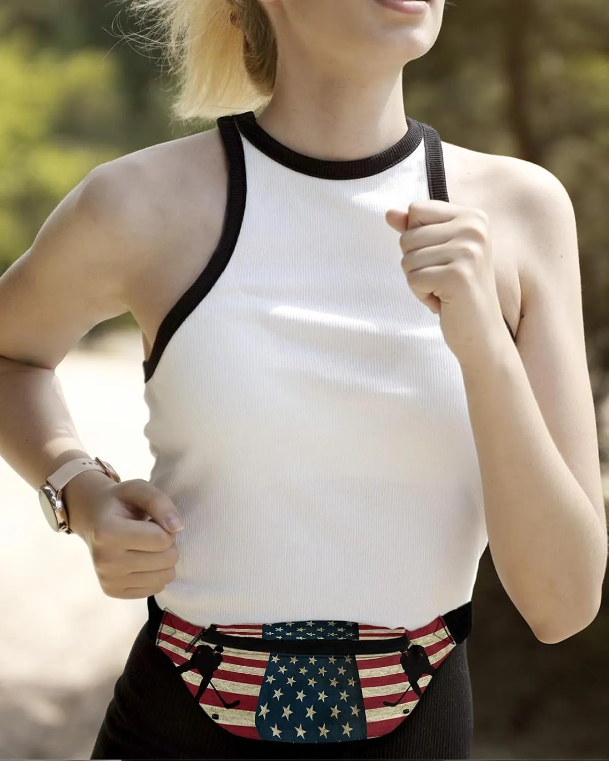 Fanny Pack,Hockey Sport Theme Athlete Rustic American Flag Adjustable Belt Strap Running Pack for Sports Exercise Walking Hiking Travel 14"x5"