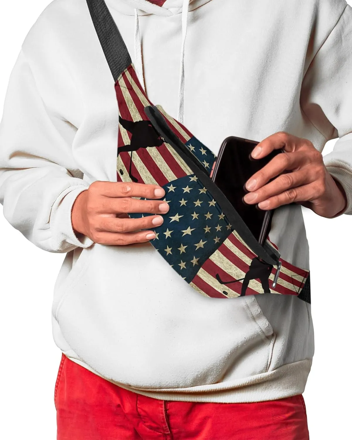 Fanny Pack,Hockey Sport Theme Athlete Rustic American Flag Adjustable Belt Strap Running Pack for Sports Exercise Walking Hiking Travel 14"x5"