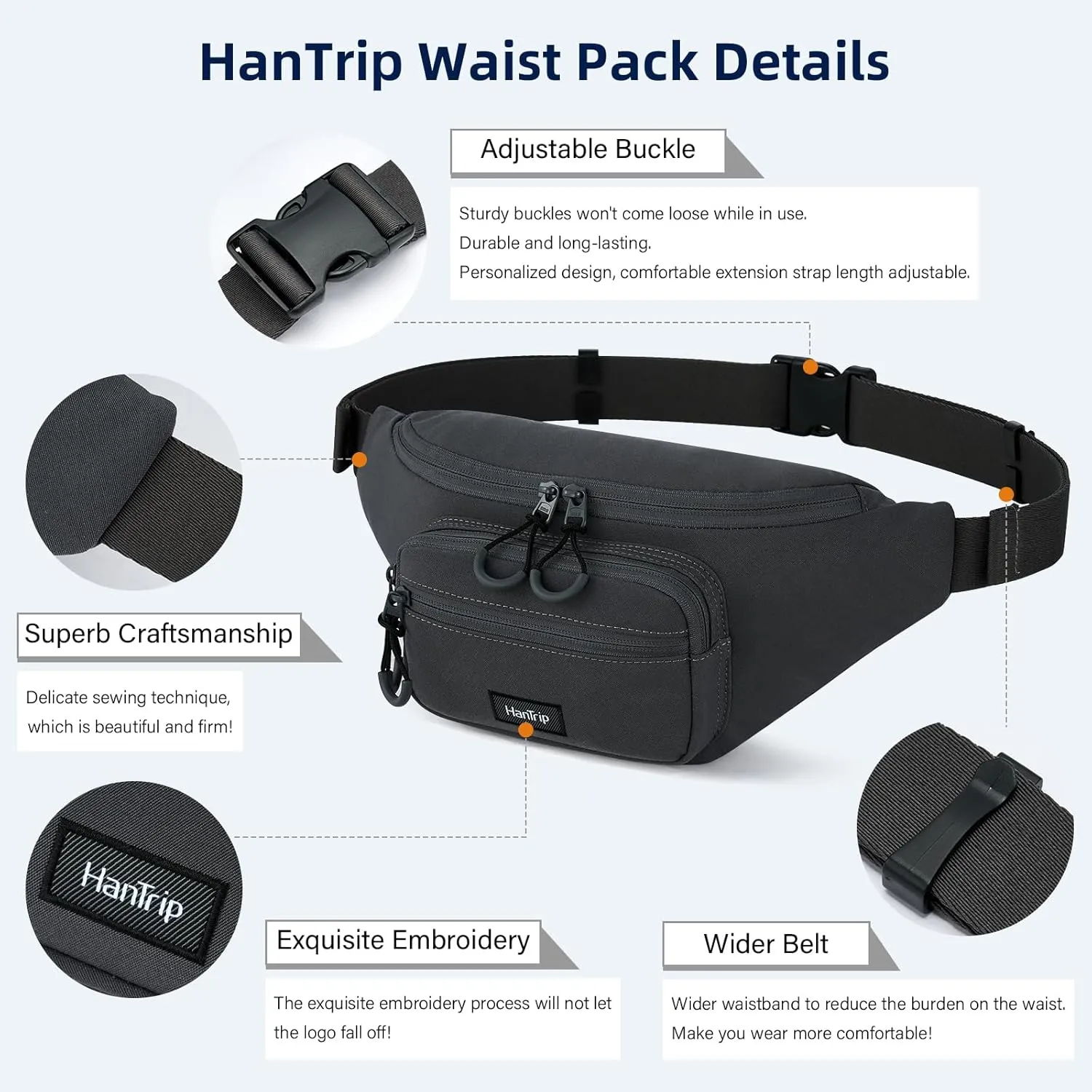 Fanny Packs for Women Men, Small Travel Fanny Pack Lightweight Crossbody Waist Bag Large Capacity, Water Resistant Belt Bags with Adjustable Strap for Hiking, Cycling(Dark Gray)