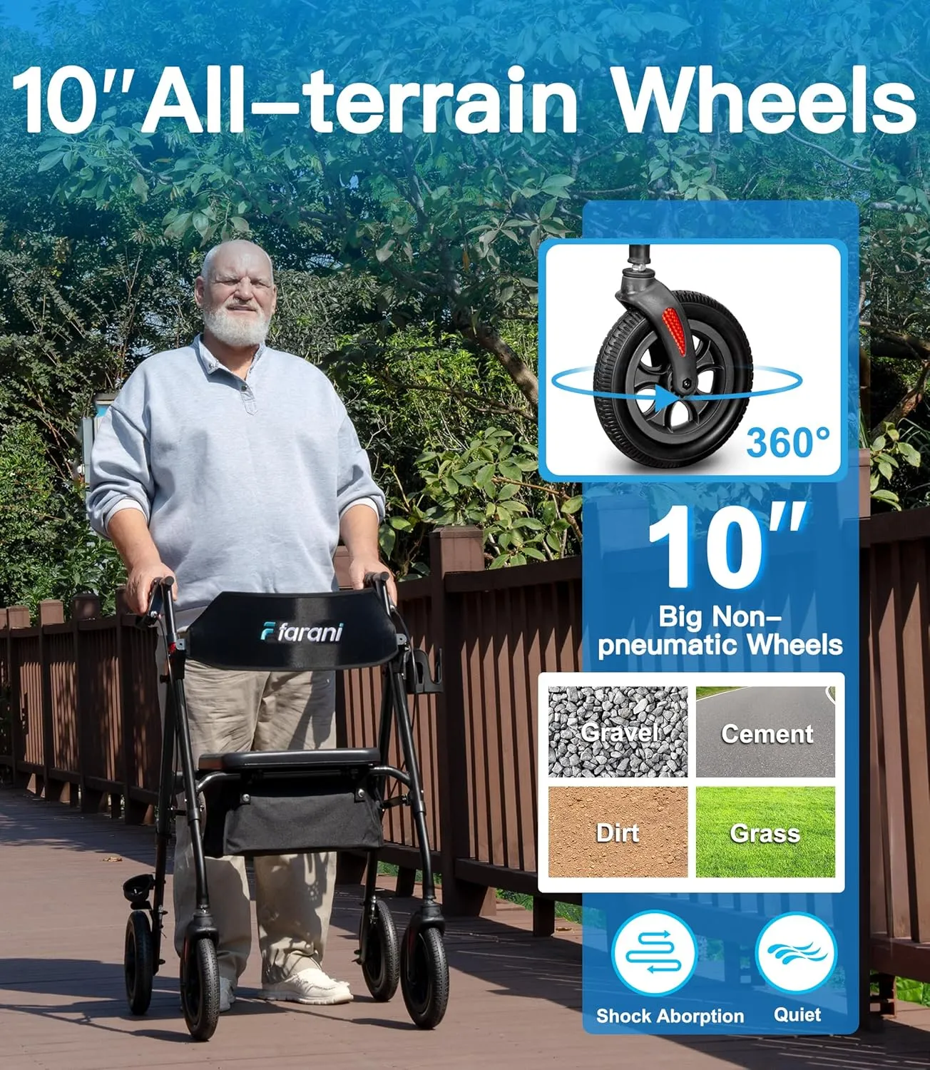 Farani All Terrain Rollator Walker - 10" Non-Pneumatic Tires, Cushion Seat & Padded Backrest, Ergonomic Dual Height Adjustable Handles, Foldable Aluminum Walker for Seniors, Black
